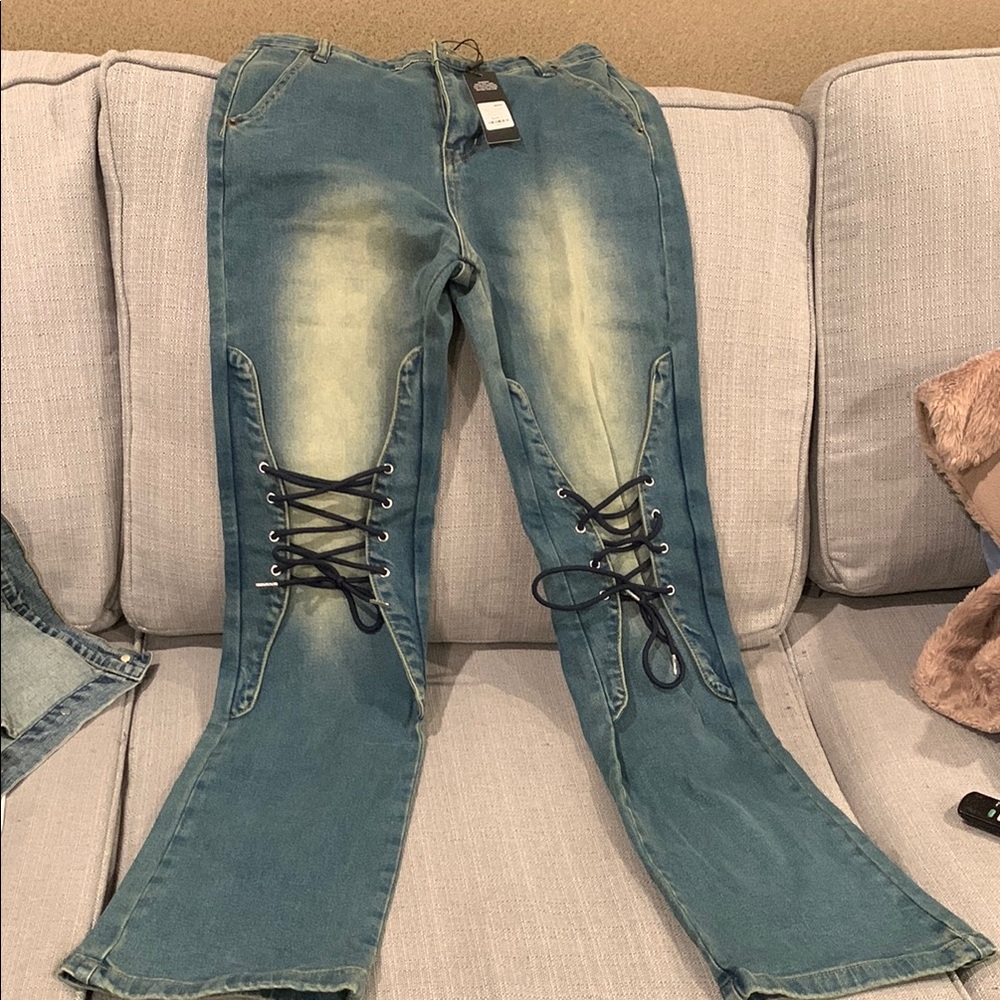 NWT Stylish Blue Lace-Up Women's Jeans Size 7